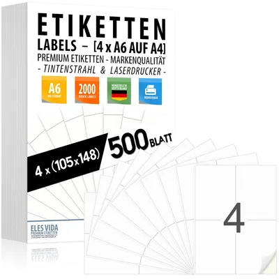 Obrázek produktu pro Štítky pro odesílání, formát DIN A6, 105x148 mm (4 kusy na jeden list A4) - 500 listů - 2000 kusů