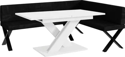 Produktbild von MEBLINI Eckbank für Esszimmer mit ausziehbarem Tisch  - Küchenbank - Essecke - Sitzecke Küche - PETER - X-Beine 142x196x87cm Rechts - Schwarz Samt/B Weiß Matt