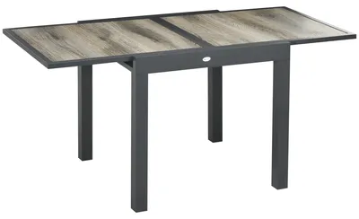 Zdjęcie produktu dla Rozkładany stół ogrodowy 160/240 x 80 cm – Odporny na warunki atmosferyczne stół tarasowy o wyglądzie drewna – Solidny stół balkonowy z aluminium, w kolorze beżowym i szarym