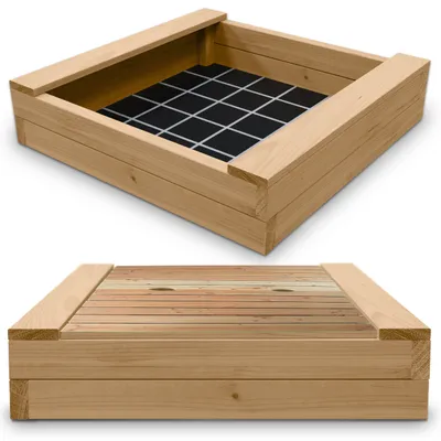 Produktbild von Sandkasten BULLE Lärche natur 45 mm inkl. Sitzbretter und Bodenplane Sandbox Größe: 120 x 120 cm mit passendem Deckel