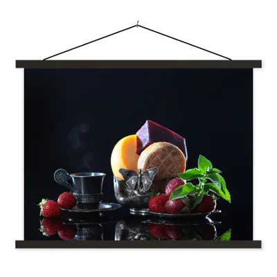 Produktbild von MuchoWow® Textilposter Rustikal - Obst - Käse - Tisch - Stilleben 150x113 cm mit schwarzem Rahmen - Wohnzimmer