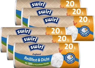 Produktbild von 6x Swirl Zugband Müllbeutel 20L ( 15 stk./ Rolle )