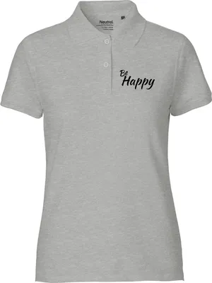 Produktbild von Huuraa Damen Polo Shirt Be Happy Schriftzug XL Sport Grey Bio Baumwolle Fairtrade Poloshirt Geschenkidee