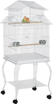 Produktbild von PawHut Vogelkäfig mit Rädern, großer Käfig mit Ständer, 50 x 49 x 137 cm, mit abnehmbaren Tabletttüren, Futterspendern, Sitzstangen und Bodenablage für Kanarienvögel, Wellensittiche, Weiß