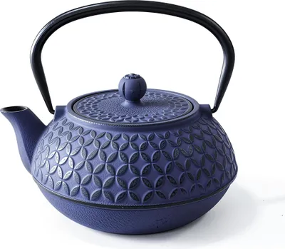 A blue cast iron teapot with a black handle is shown against a white background.