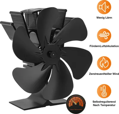 Immagine prodotto di Ventilatore per camino a 6 pale Jiubiaz, ventilatore elettrico per caminetti stufe a legna, funzionamento silenzioso, ventilatore per camino stufe a legna / bruciatori a legna / caminetto con termometro