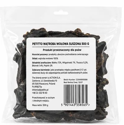 Zdjęcie produktu dla Przysmak dla psa naturalny Wątroba wołowa suszona 500g PETITTO