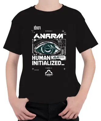 Productafbeelding van Cyberpunk T-shirt voor kinderen, met een afbeelding van een "Auge Glitch" in sci-fi stijl, geïnspireerd door Japan en de Y2K-tijd, met een anagram-ontwerp. Kleur: zwart. Maat: 116