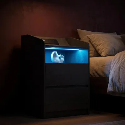 Produktbild von Nachttisch, Beistelltisch mit 2 Schubladen, 2 AC-Steckdosen, 2 USB-A-Anschlüsse, LED-Beleuchtung, Offenes Fach, Modern, Schlafzimmer, Wohnzimmer