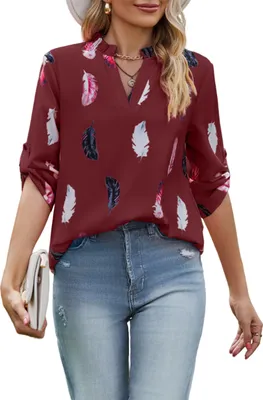 Image de ASKSA Chemisier Femme Col V Mousseline Imprimé Hauts Elégants Tunique Causale Libre, Vin Rouge, XL