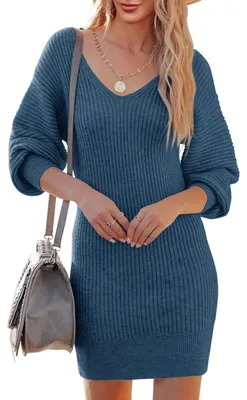 Produktbild von Strickkleid V-Ausschnitt - Pulloverkleid Damen - Lange Ärmel - Lässiges Minikleid - Enganliegend - Weiches und elastisches Material