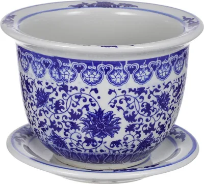 Immagine prodotto di Vaso da fiori in Vetroceramica blu e bianco - decorativo per interni ed esterni - con piattino