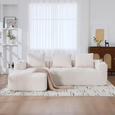 Produktbild von LVHOM Modulares Sofa mit Schlaffunktion, Ecksofa mit Cordbezug, 3 Sitzer mit Becherhalter, Schlafsofa ohne Montage, Loungesofa mit Seitentasche, Beige