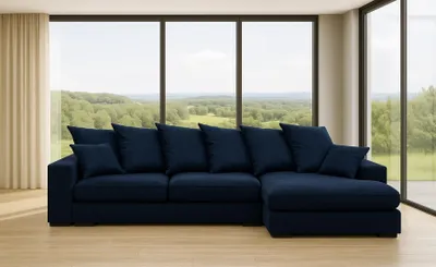 Image de Canapé d'angle avec fonction sommeil et coffre de rangement, Canapé en L, Canapé en L Gabon bleu Ottomane droite