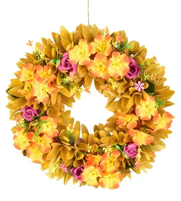 Imagen del producto de Guirnalda de copas de madera con flores amarillas de primula, diámetro 30 cm