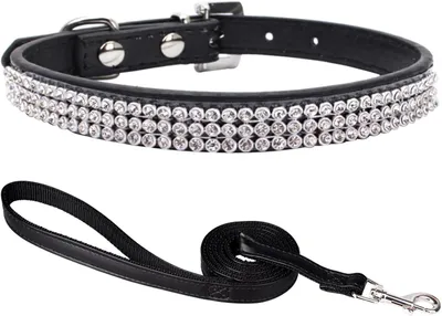 Produktbild von Hundehalsband mit Leine hundehalsband Strass hundehalsband kleine Hunde lederhalsband Hund fš¹r kleine mittlere und gro?e Hunde Schwarz 2