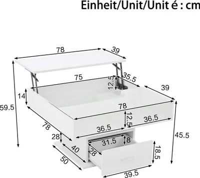 A diagram of a white coffee table with dimensions indicated by numbers and lines.