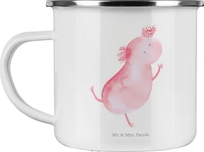 Produktbild von Mr. & Mrs. Panda Pott Axolotl Tanzen - Weiß - Geschenk, Schwanzlurch, Emaille Becher, Campingtasse, Teetasse, Haferl, Freudig, Sterne, Verrückt, gut Gelaunt, Tasse