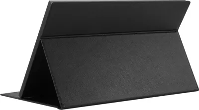 A black portable monitor case is shown standing upright, propped open to reveal its interior.