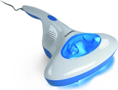 A handheld vacuum cleaner with blue LED lights.