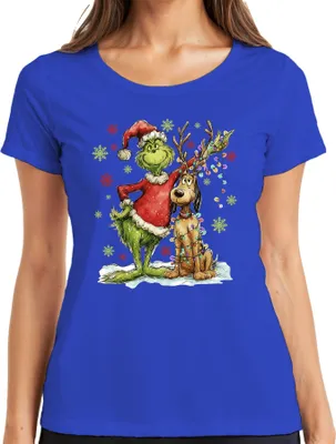 Produktbild von Grinch Weihnachten Rentier Lichterkette Schneeflocken Geschenk Damen T-Shirt, Blau, XL