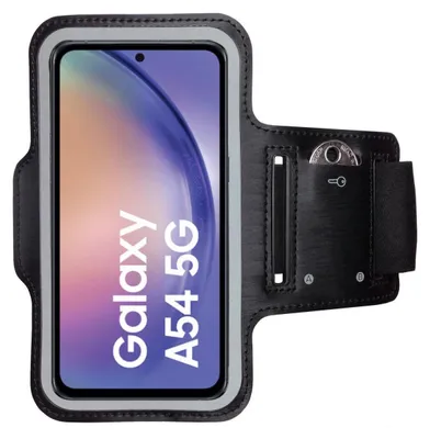 A black sport armband for a smartphone, with a phone displaying the Samsung Galaxy A54 5G logo inside.