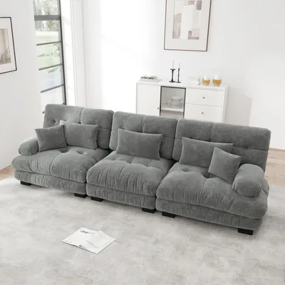 Produktbild von 3-Sitzer Modulares Ecksofa mit Tiefensitz, Chenille Schlafsofa Komfortabel Gepolstert für Wohnzimmer, Apartment, Studio, Büro, Chenille Grau