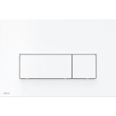 A white flush plate with two buttons for a toilet cistern.