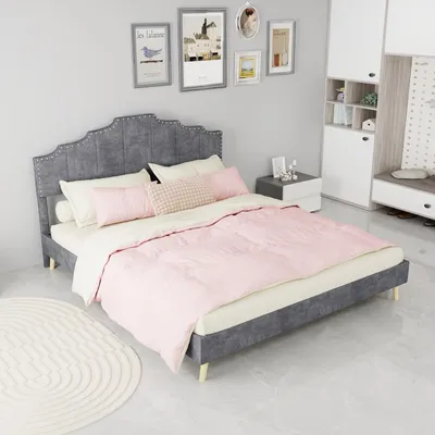 Imagen del producto de Cama tapizada Zerbaco, tamaño doble (160x200 cm), color gris, con cajón para ropa de cama y somier, sin colchón