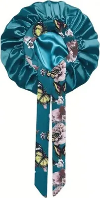 Produktbild von INF Seidenblumenmuster Schlafhaube mit breiter Krempe und Bändern - Extra Groß Blau