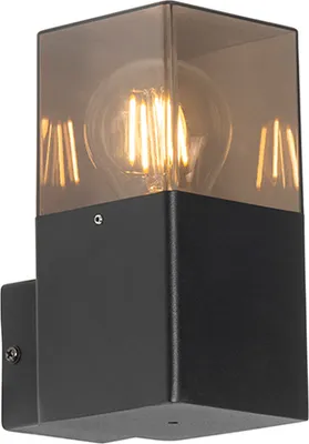Produktbild von Qazqa Modern außen Wandleuchte, Außenlampe, Wandlampe für den Garten - Denmark - Schwarz mit Rauchglas, max. 15W, Geeignet für LED, 8.3cm, IP44, Rechteckig