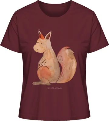 Produktbild von Mr. & Mrs. Panda Damen T-Shirt Einhorn Glauben Größe S - Burgundy - Geschenk, Basic, Shirt, Unicorn, Oberteil, Eichhorn, Einhörnchen, Eichhörnchen, Kurzarmshirt