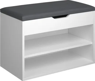 A white shoe bench with a gray upholstered top and two open shelves below, shown against a white background.