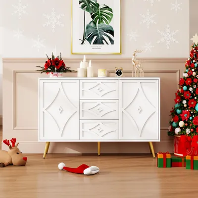 Produktbild von Elegante weiße Kommode 120×40×80 cm mit Rautenmuster, 3 Schubladen und 2 Türen, goldene Beine, ideal für Wohn- und Schlafzimmer.