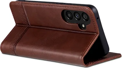A brown leather phone case is shown from a side angle, with the phone inserted and the cover folded open.
