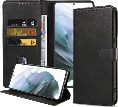 Produktbild von Passend für Samsung Galaxy S21 Plus Handytasche Kunstleder mit magnetischer Lippe und Kartenhalter Buchhülle mit Klappe - Schwarz - Smartphonics