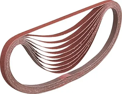 A stack of sanding belts arranged in a loop.