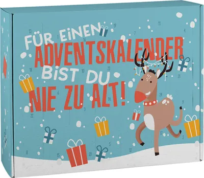 A light blue advent calendar box with a cartoon reindeer and festive decorations. The text "FÜR EINEN ADVENTSKALENDER BIST DU NIE ZU ALT!" is prominently displayed.