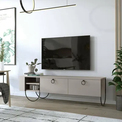 Zdjęcie produktu dla Szafka TV Malina, stojak na telewizor do salonu, niski kredens do salonu, podstawa stojaka na telewizor, 150x36 h44 cm, beżowy