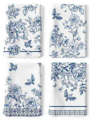 Produktbild von Geschirrtücher 4er-Set Blaue Blumen Vögel 100% Baumwolle 48 x 70 cm