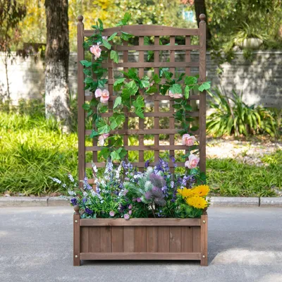 Produktbild von Pflanzkasten Blumenkasten Tannenholz, Hochbeet mit Rankgitter 2-in-1, Rosenbogen Rankhilfe, Dunkelbraun | 4,9 kg | 64 x 28 x 120 cm