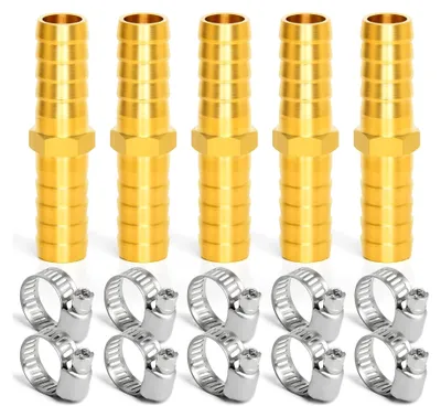 Produktbild von 5 Stück 6mm Messing Schlauchtülle, 2 Wege gerade Schlauchverschraubung mit 10 Stück Schellen
