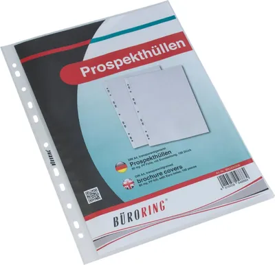Produktbild von Büroring Prospekthülle, DIN A4, farblos, PP-Folie, 80 my, Oberfläche genarbt, oben offen, Eurolochung, 100 Hüllen