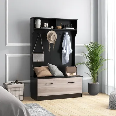 Immagine prodotto di Appendiabiti con panca porta-scarpe, appendiabiti con panca portaoggetti, 5 ganci e ripiani, mobile da ingresso moderno, per corridoio, camera da letto, soggiorno, 100 x 40 x 160 cm (nero)