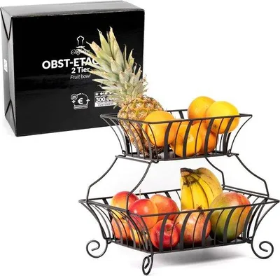 Immagine prodotto di Portafrutta in metallo a due ripiani con vaschetta portafrutta, colore nero - Portaverdure capiente - Dimensioni: 38,5 x 32,7 x 35,5 cm