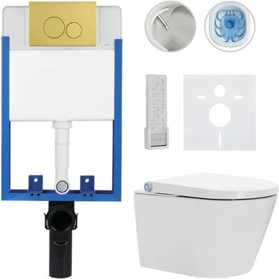 Immagine prodotto di Set completo per WC Profi/Cronus Premium - bianco lucido - pulsante WC Duo/Oro - da incasso - 59,3x38,4 cm