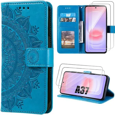 Image de Coque + 2 Verres Trempés pour Samsung Galaxy A37 5G, Anti-Rayures Synthécuir Motif Mandala Bleu