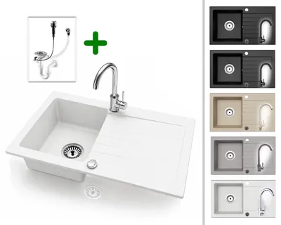 Produktbild von Granitspüle 76x44 cm mit Chrom Armatur – Küchenspüle aus Granit, Einbauspüle Eckig, Beidseitig Montierbar, Spülbecken inkl. Siphon Set, Für 45 cm Unterschrank, Kratzfest & Hitzebeständig : Weiß