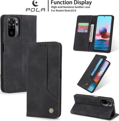 Produktbild von Redmi Note 10 Hülle, LaimTop Retro Kunstledertasche Schutzhülle mit Kartenfach Standfunktion für Xiaomi Redmi Note 10 / Note 10S Schwarz