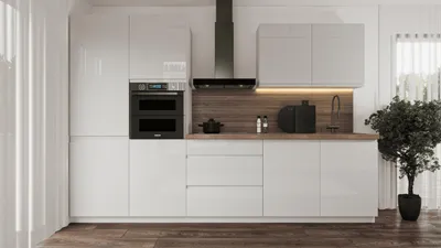 Produktbild von Küchenzeile – Küchenblock – Einbauküche – Komplettküche – Singleküche – Velmora – K57-G320 – 320 cm – Weiß Hochglanz Ohne Arbeitsplatte & Elektrogerä